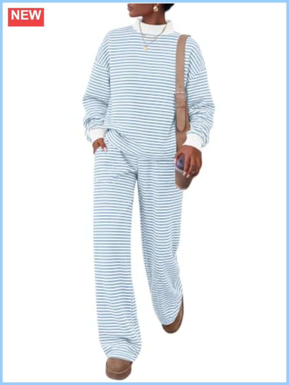 ANRABESS Two Piece Lounge Set Striped Wide Leg Pants Mock Neck Sweatsuit Womens